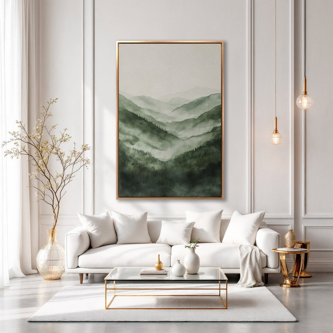 Framed Wall Art featuring a serene watercolor mountain landscape in shades of green. Perfect for adding a touch of nature and tranquility to your home decor.