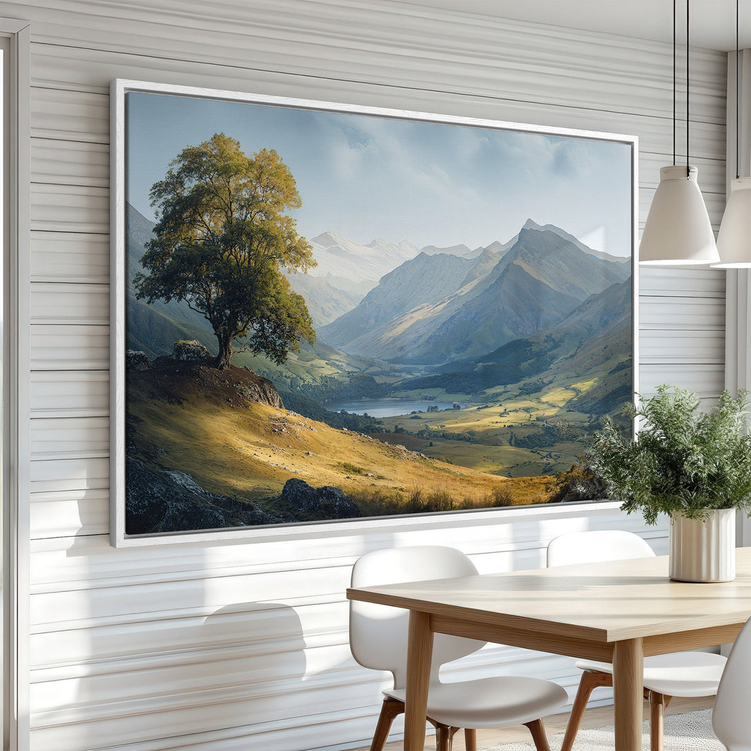 Framed Wall Art: Serene landscape Canvas Print with a tree, mountains, and a lake, in a warm, natural color palette. Perfect for any home.