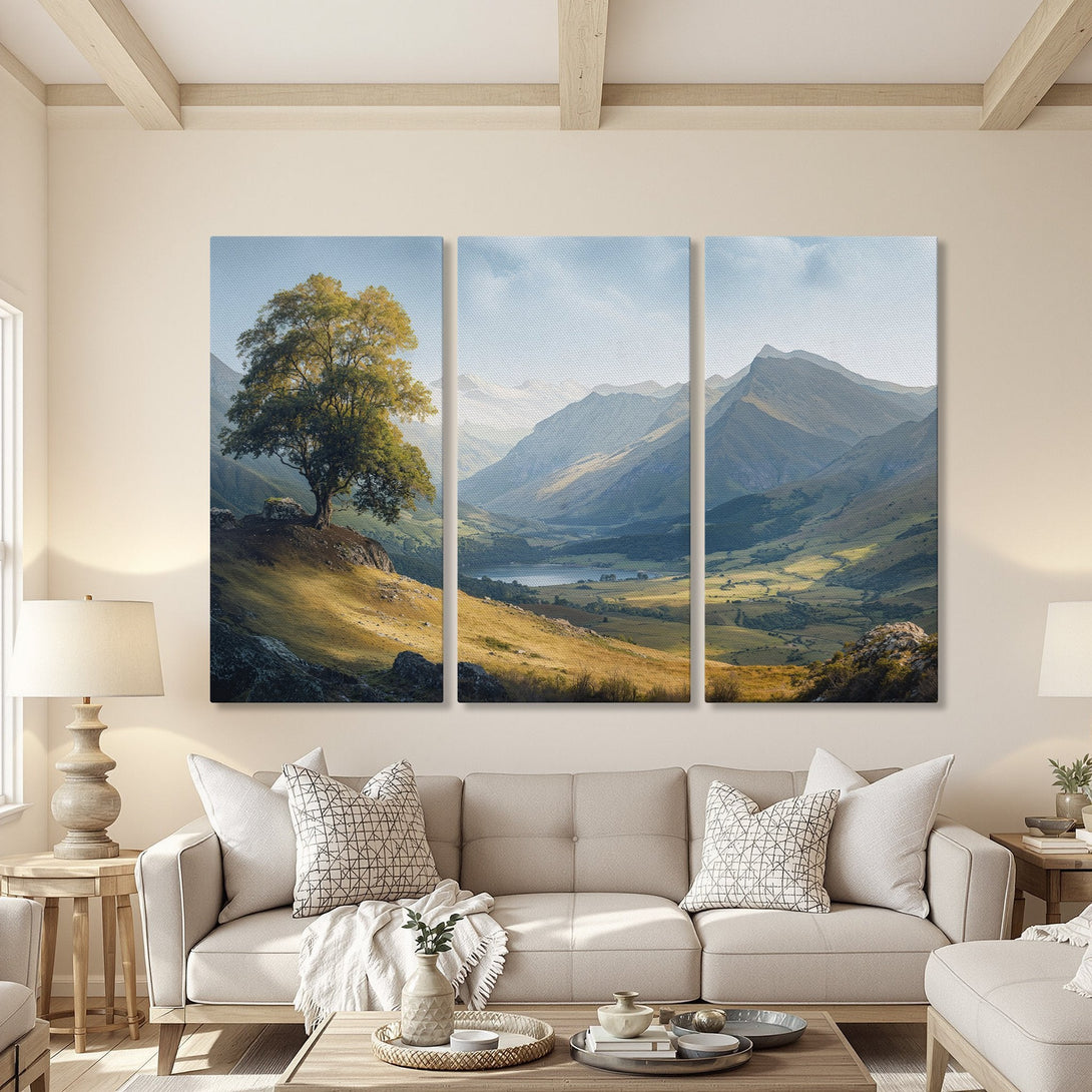 Canvas Print of a serene mountain landscape with a tree, in a warm, neutral color palette. Perfect for adding a touch of nature to your home.