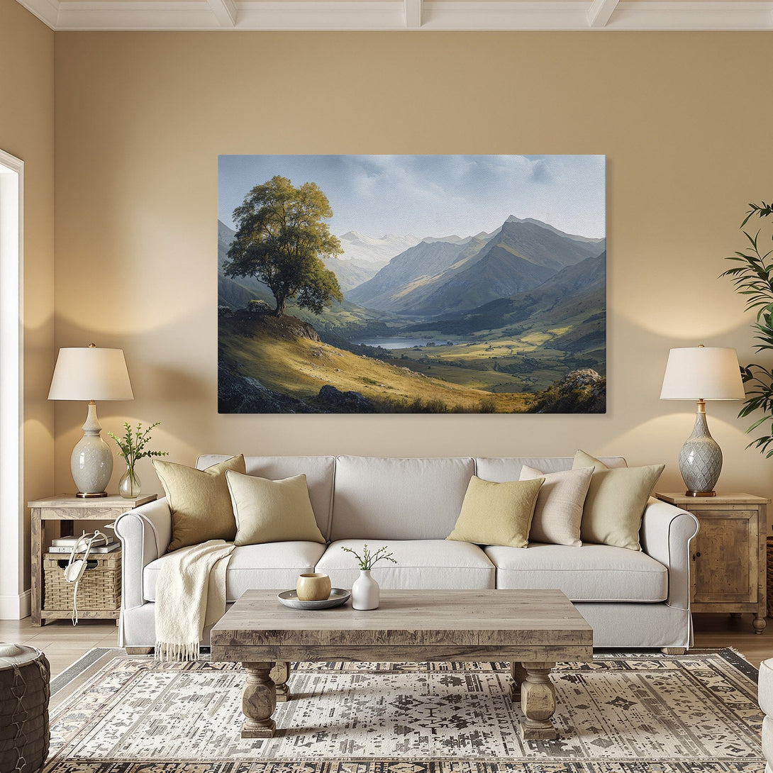 Framed Wall Art: Landscape Canvas Print with a serene mountain scene in muted greens, blues, and golds. Perfect for adding a touch of nature to your home.