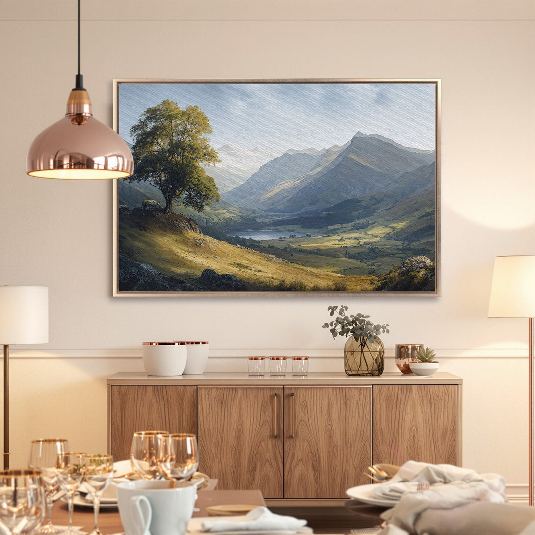 Framed Wall Art: Landscape canvas print with a serene mountain view in a warm, neutral color palette. Perfect for adding a touch of nature to your home.