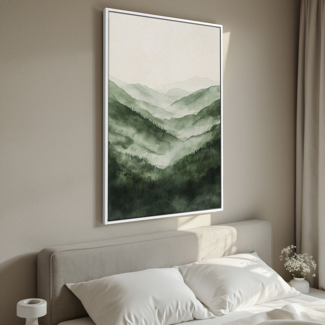 Framed Wall Art: Serene watercolor mountain landscape in shades of green. Perfect for adding a touch of nature and tranquility to your bedroom decor.