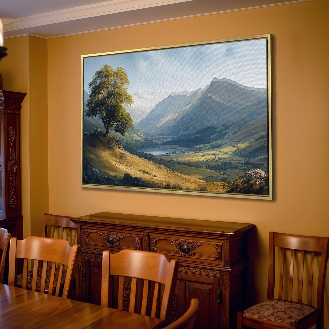Canvas Print of a serene mountain landscape in muted greens, blues, and golds. Rustic style wall art perfect for any home decor.