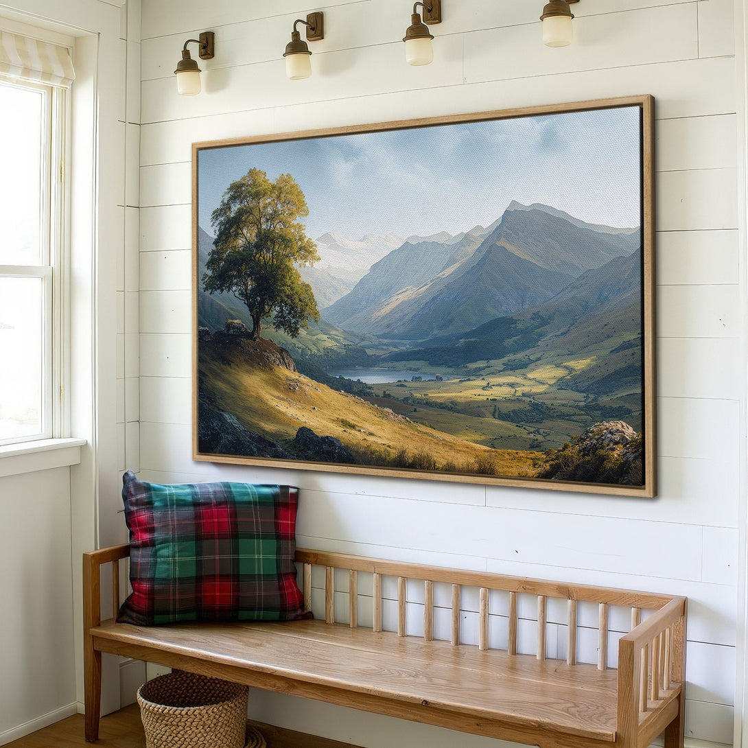 Framed Wall Art: Landscape Canvas Print with mountains and tree in a warm, natural color palette. Perfect for adding a touch of nature.