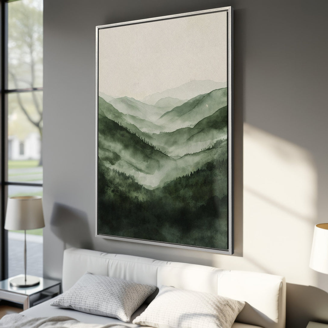 Framed Wall Art of watercolor mountain landscape in green hues. Elevate your space with this serene Canvas Print.