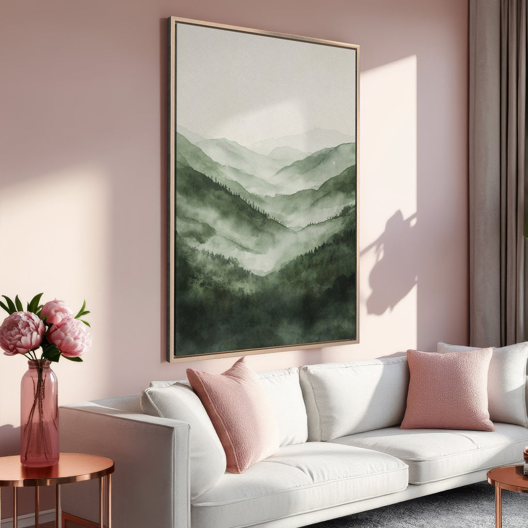 Framed Wall Art featuring a serene watercolor mountain landscape in green hues. Adds a touch of nature and elegance to any room. Shop now!