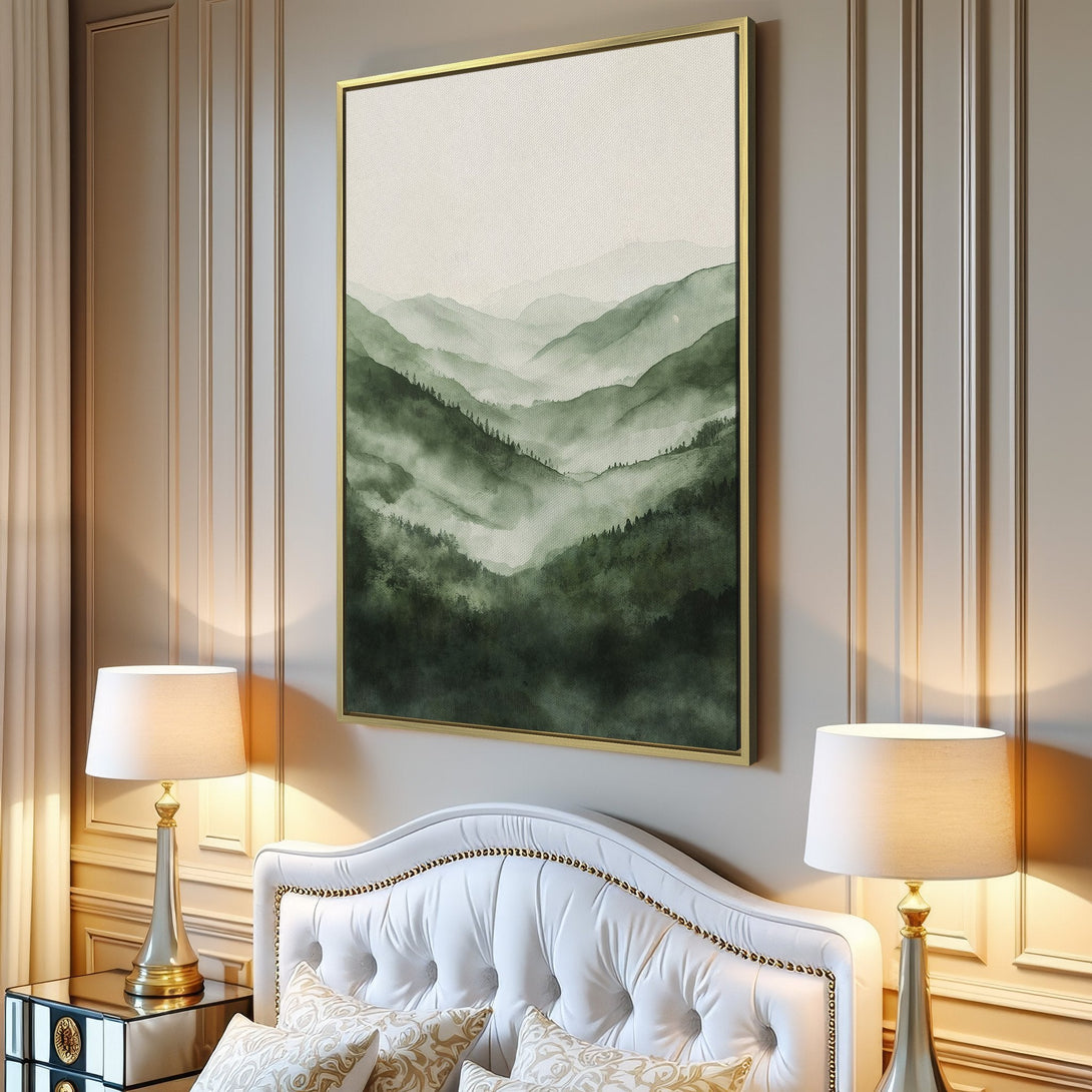 Canvas Print of a serene mountain landscape in watercolor style, featuring a calming green and neutral color palette. Perfect wall art for any room!