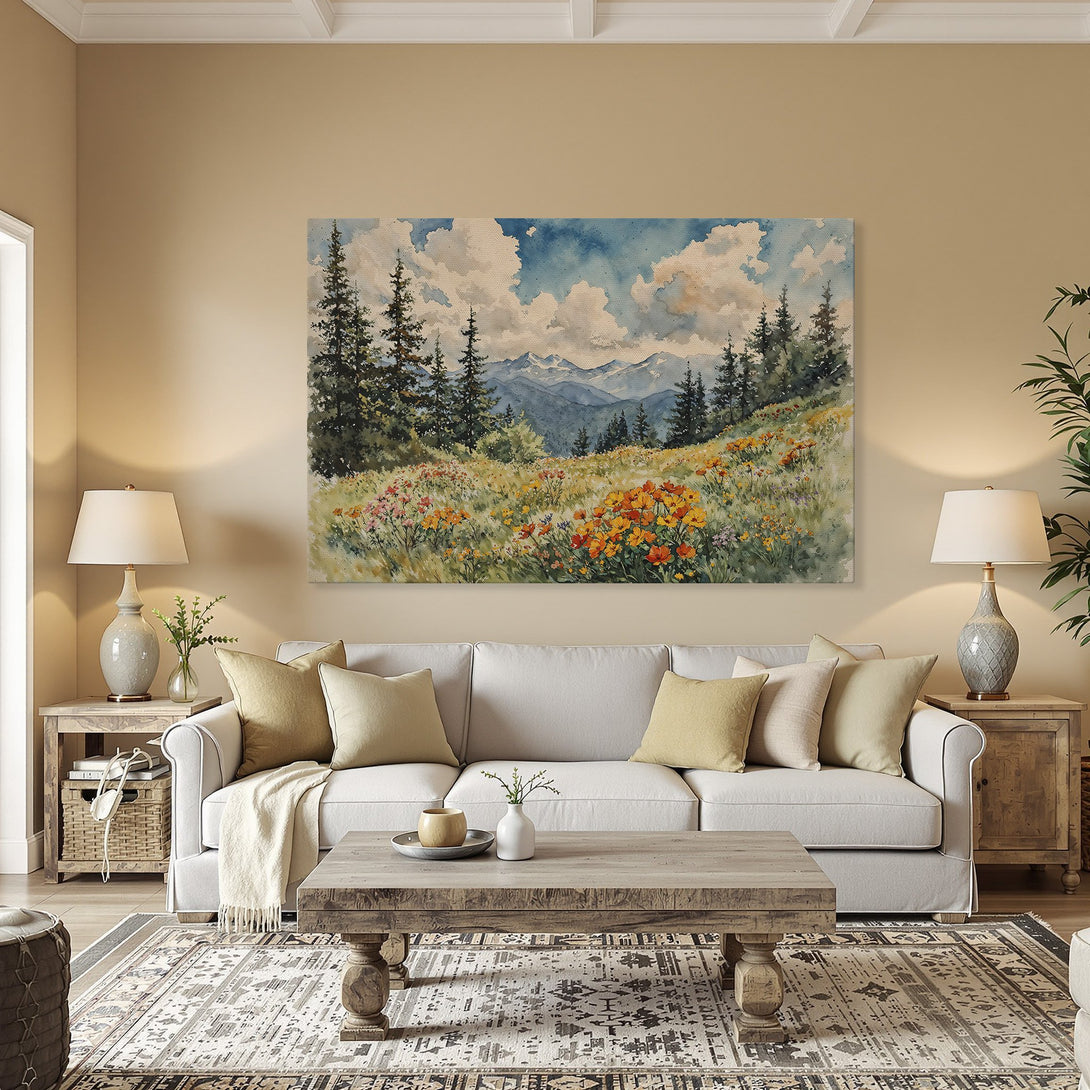 Framed Wall Art: Watercolor landscape Canvas Print with mountains, wildflowers, and trees. Features a blue, green, and yellow color palette.