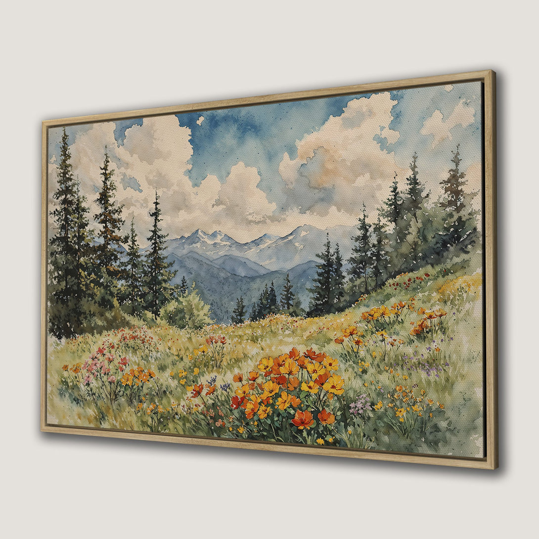 Canvas Print of a watercolor landscape with mountains, wildflowers, and trees. Features a natural color palette with blues, greens, and oranges.