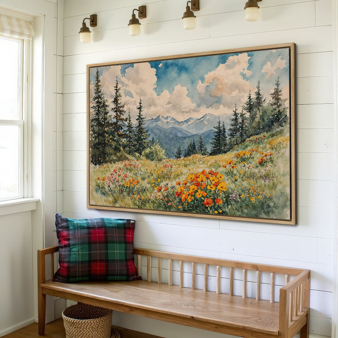 Framed Wall Art: Watercolor landscape with mountains, trees, and wildflowers. Soft, natural color palette, perfect for adding a touch of nature to your home.
