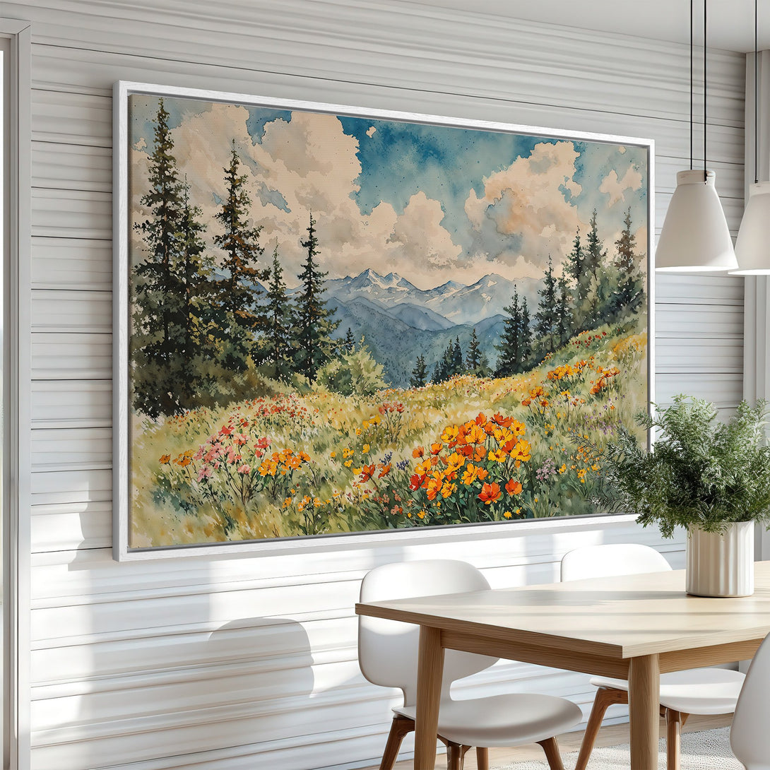 Framed Wall Art: Watercolor landscape Canvas Print with mountains, trees, and wildflowers. Earthy tones of green, blue, and orange brighten any room.
