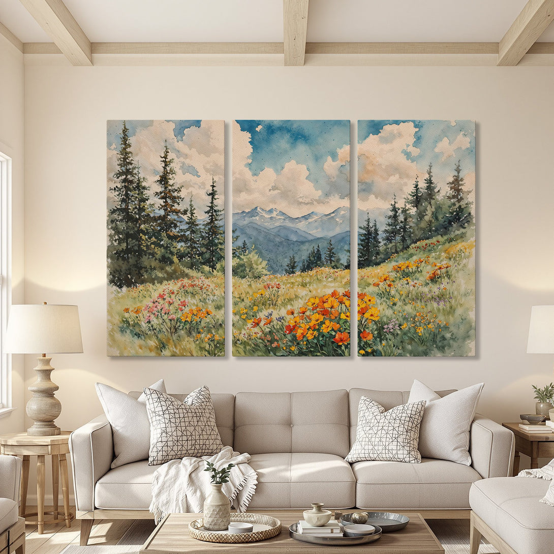 Watercolor Canvas Print of a mountain landscape with wildflowers. Soft, warm color palette. Perfect for adding a touch of nature to your home.