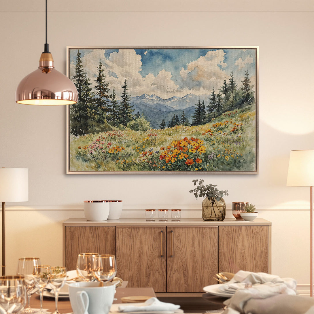 Framed Wall Art: Watercolor landscape print with mountains, trees, and flowers. Earthy tones of blue, green, and yellow. Perfect for home decor.