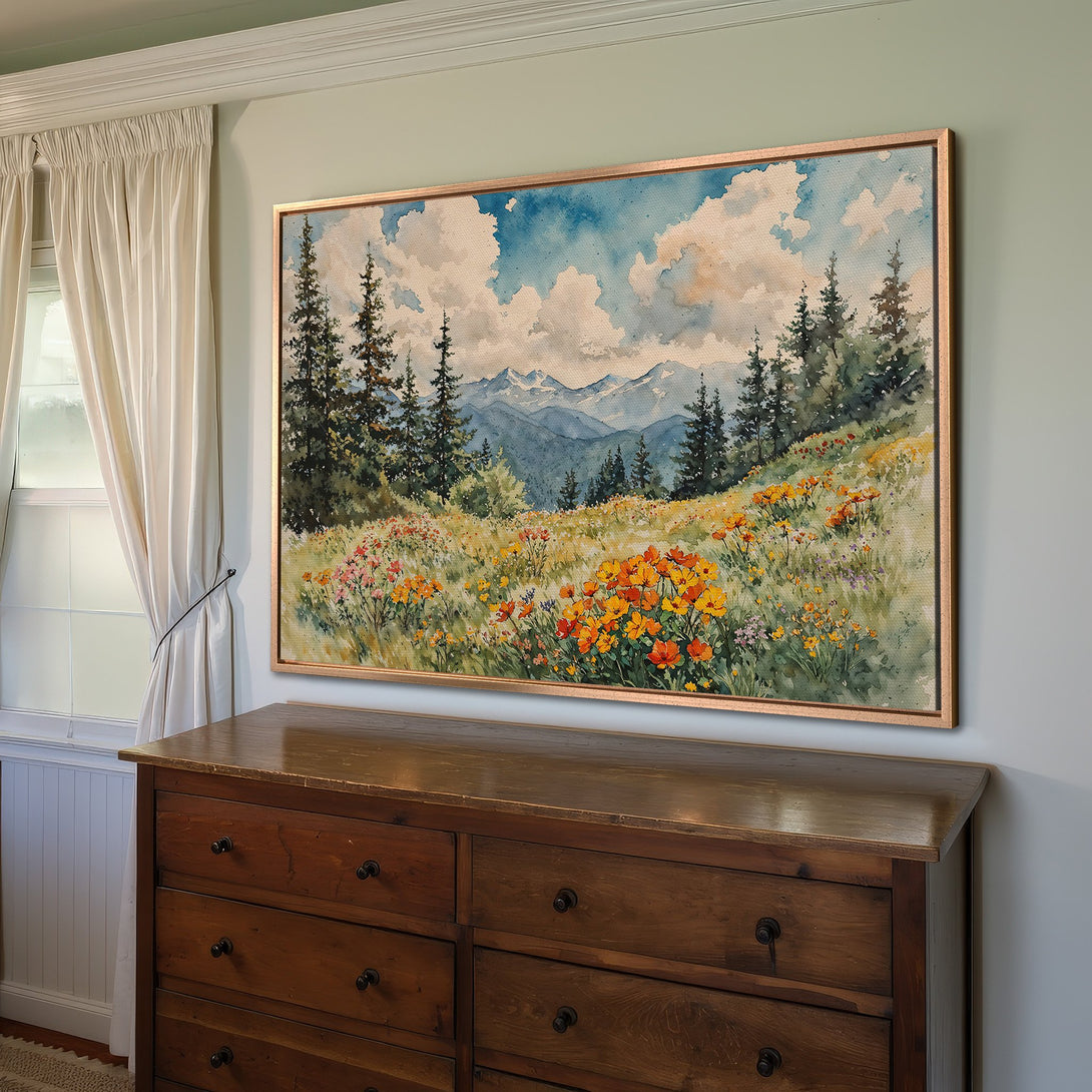 Framed Wall Art: Watercolor landscape Canvas Print with mountains and wildflowers. Features a warm, natural color palette perfect for any room.