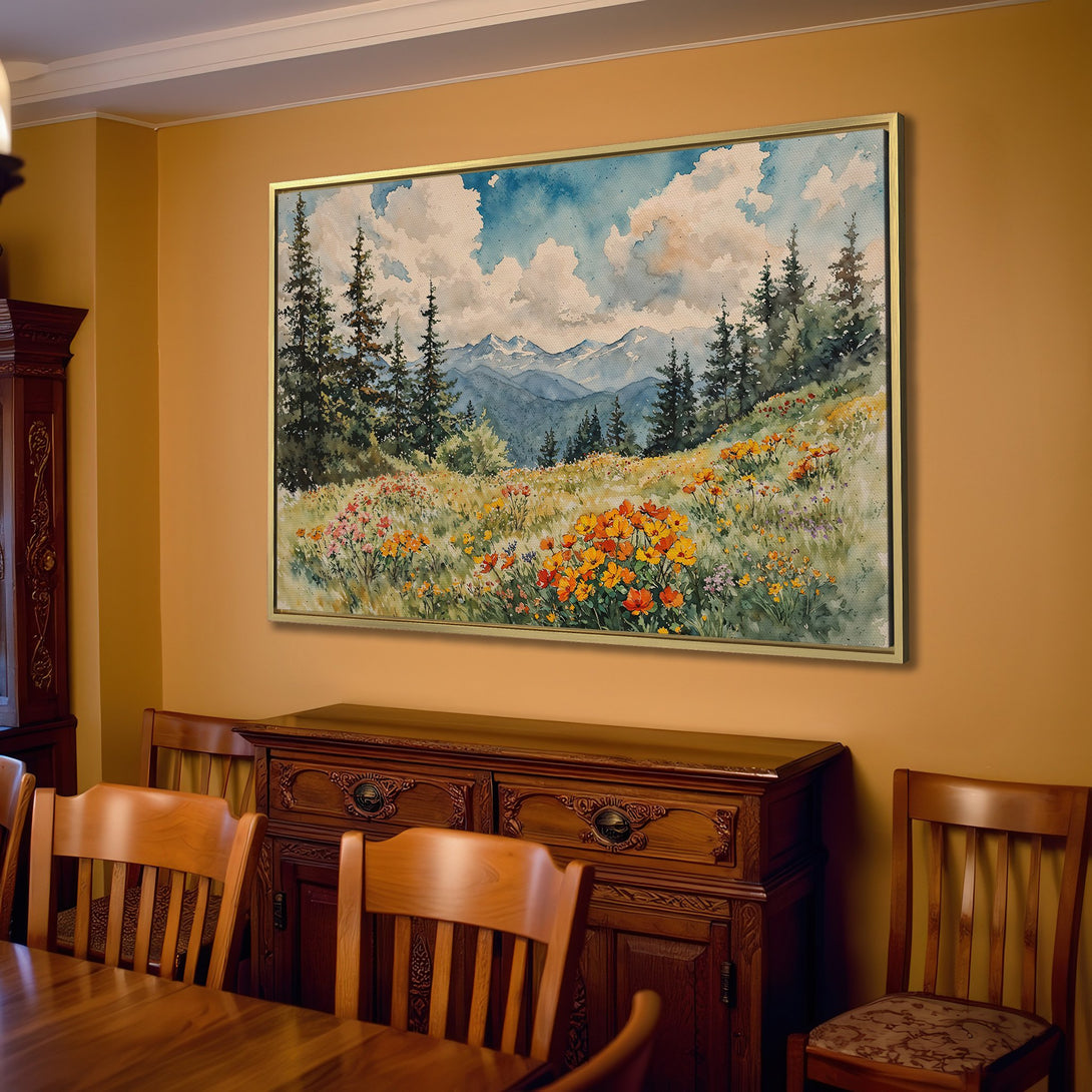 Canvas Print of a watercolor landscape, featuring mountains, trees, and wildflowers in a natural, warm color palette. Perfect for adding art to your home!