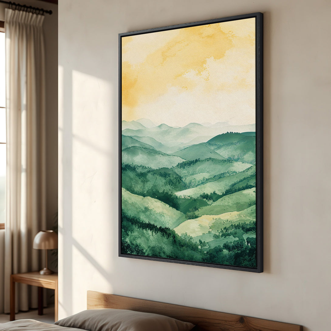 Framed Wall Art: Watercolor landscape canvas print, featuring rolling green hills and yellow sky. Perfect for adding a touch of nature to your home decor.