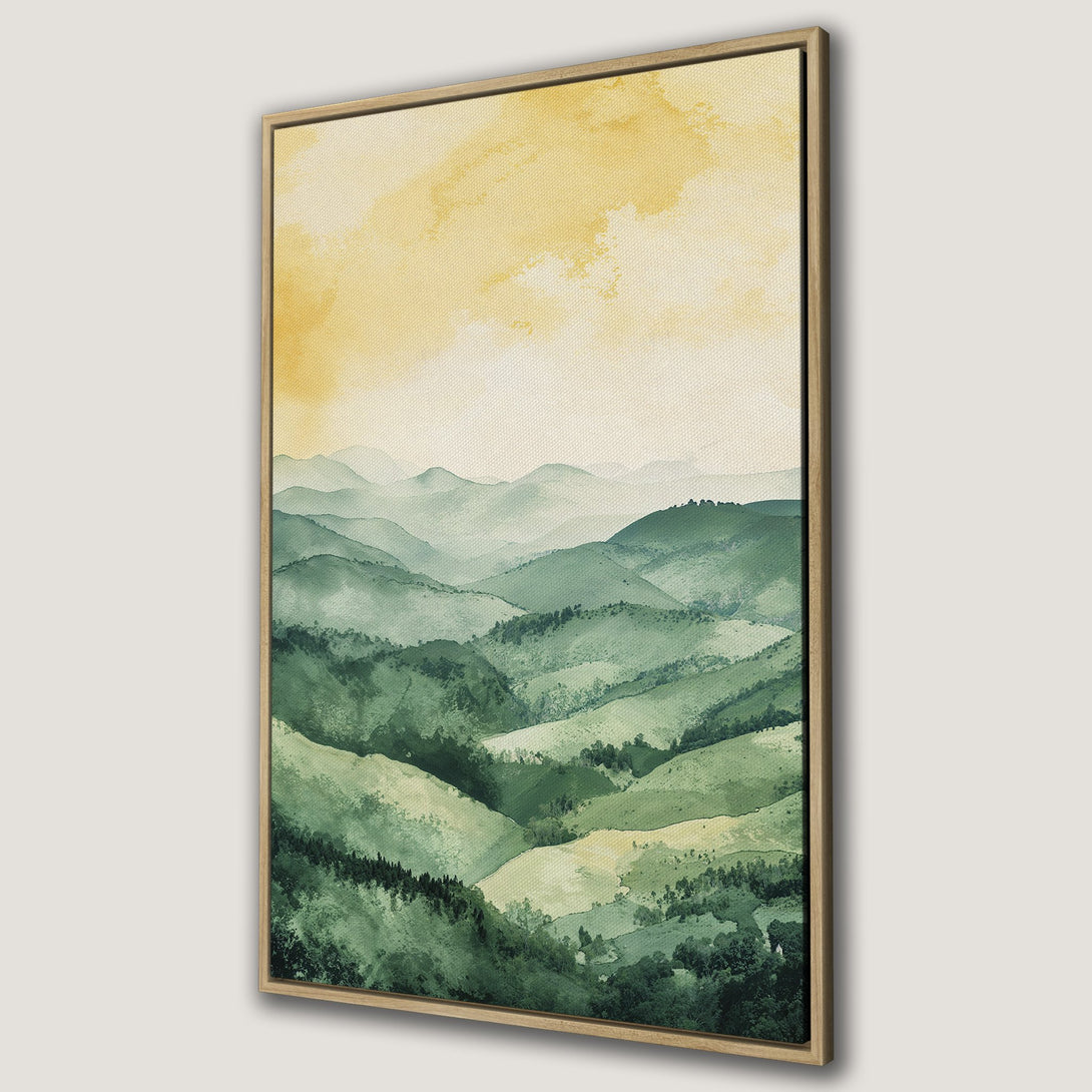Framed Wall Art: Watercolor landscape Canvas Print with green mountains and yellow sky. Perfect for adding a touch of nature to your home decor.