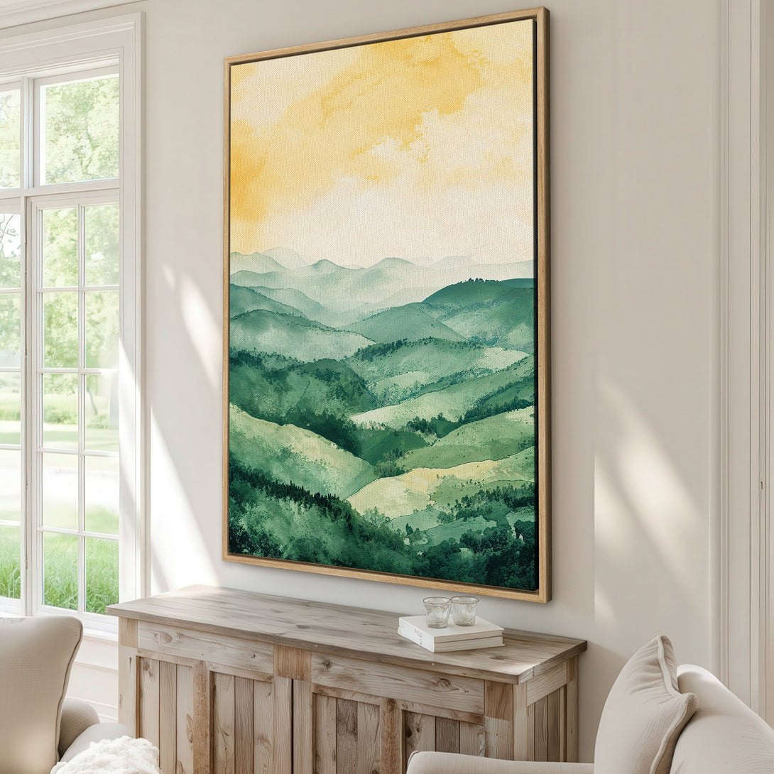 Framed Wall Art: Watercolor landscape Canvas Print with rolling green hills and yellow sky. Adds a touch of nature and serenity to any room.