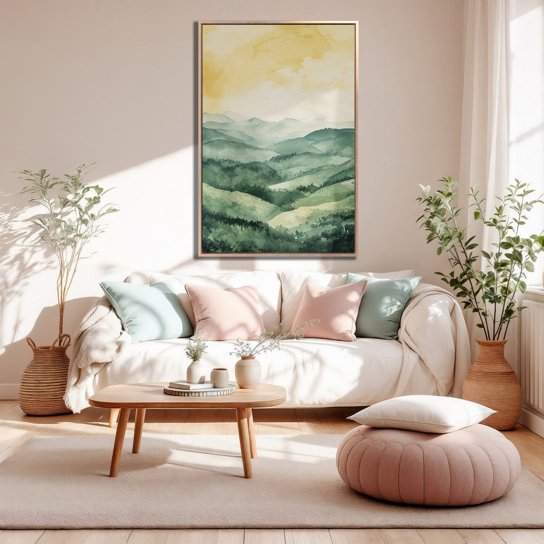 Framed Wall Art: Watercolor landscape canvas print in green and yellow tones, perfect for adding a touch of nature to your home decor.