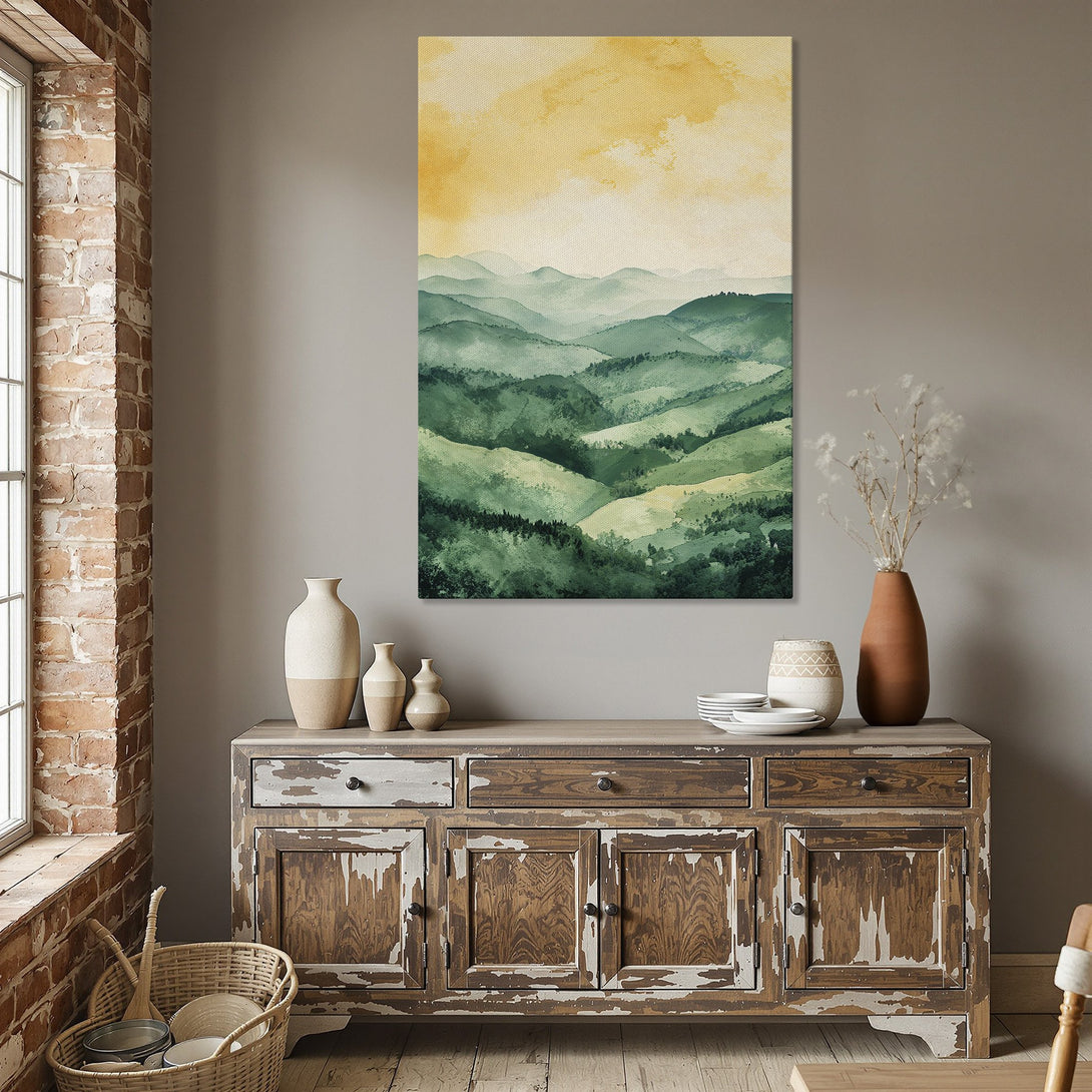 Framed Wall Art: Watercolor landscape Canvas Print in green & yellow. Modern art for home decor. Adds a calming touch to any dining room.