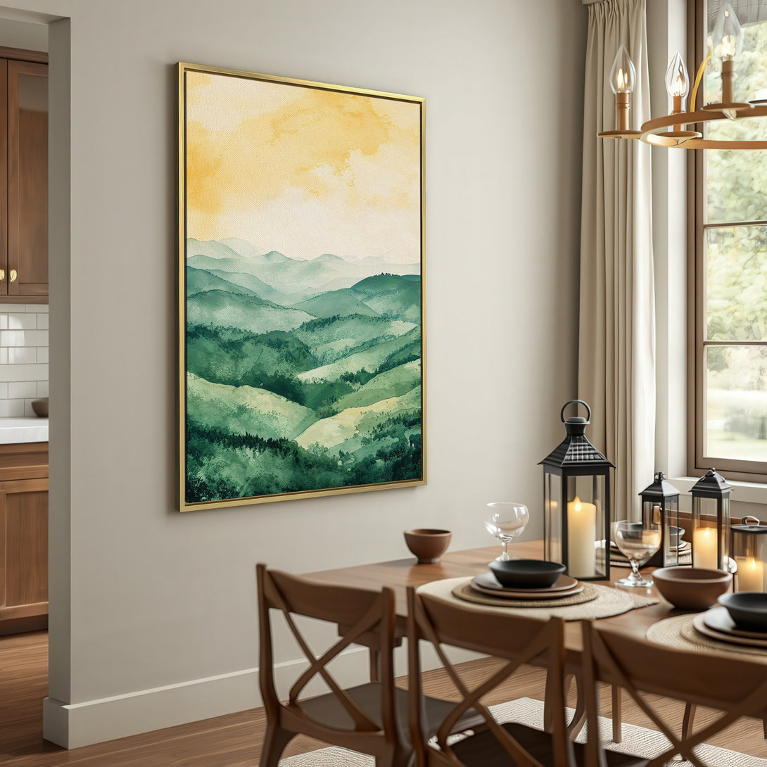 Canvas Print of a watercolor landscape in green and yellow hues. Perfect wall art for a serene, nature-inspired home.