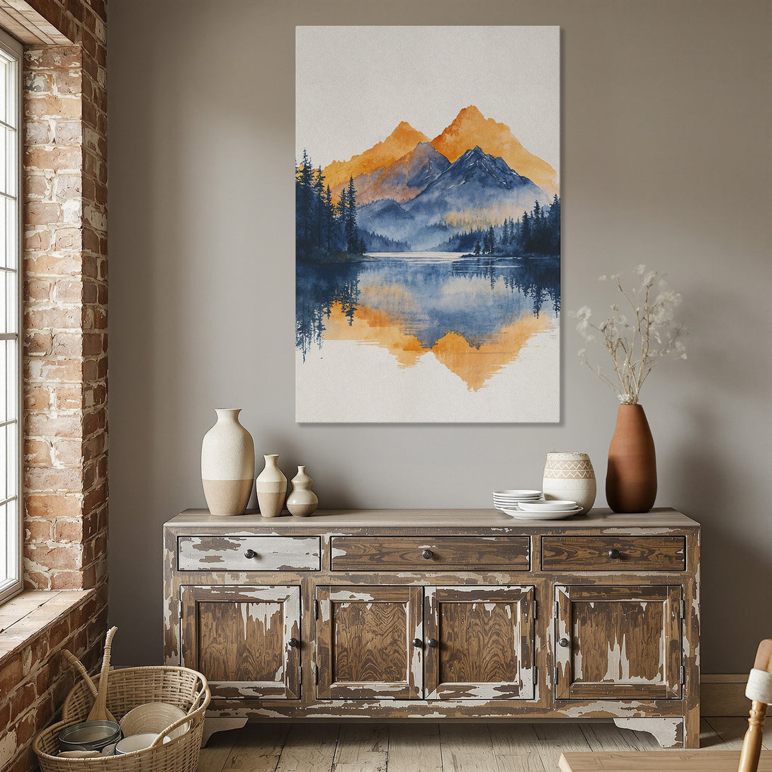 Framed Wall Art: Watercolor mountain landscape in blue and orange. Modern art for dining room decor. Add a touch of nature to your home.
