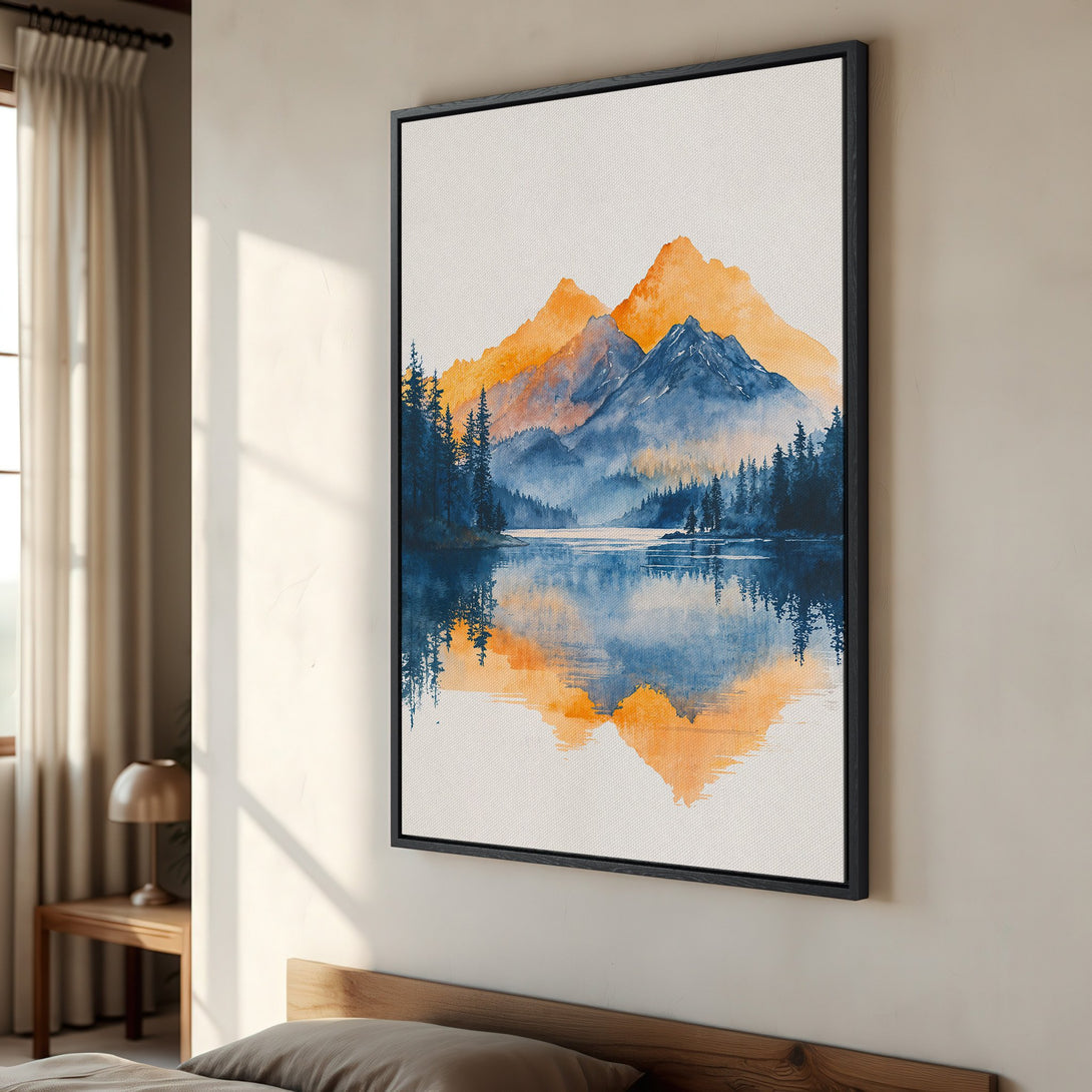Framed Wall Art: Watercolor mountain landscape Canvas Print in blue and orange hues. Add a touch of nature-inspired art to your home decor!