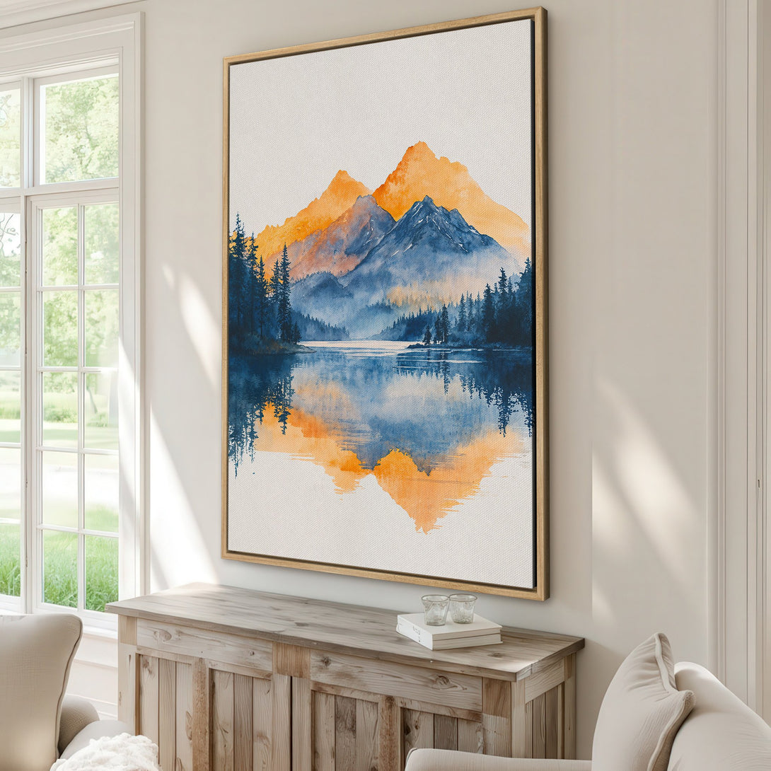 Canvas Print of a watercolor mountain landscape in blue and orange hues. Modern wall art perfect for home decor, adding a touch of nature.