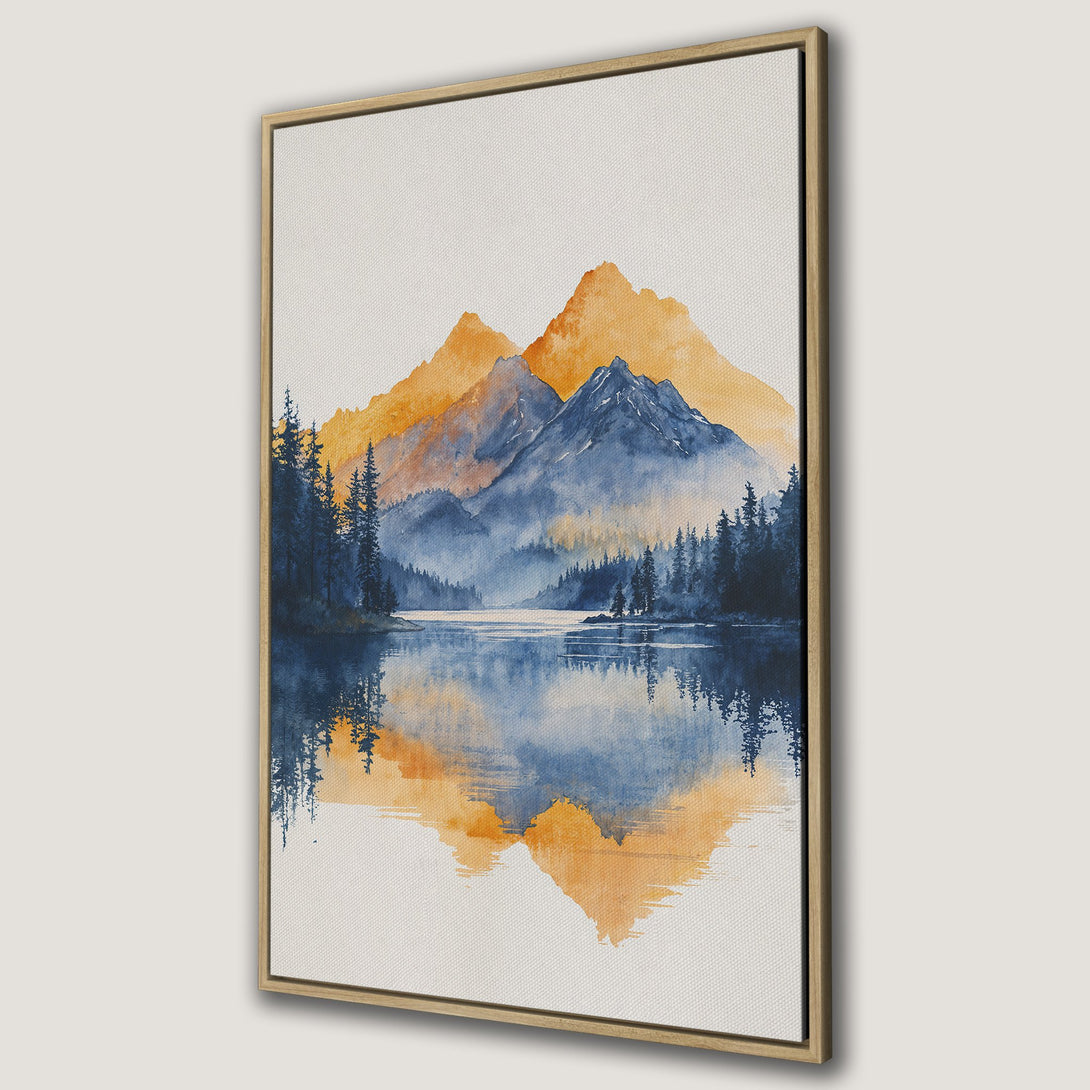 Framed Wall Art: Watercolor landscape Canvas Print featuring mountains, lake, and forest in blue and gold hues. Perfect for modern home decor.