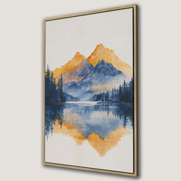 Framed Wall Art: Watercolor landscape Canvas Print featuring mountains, lake, and forest in blue and gold hues. Perfect for modern home decor.