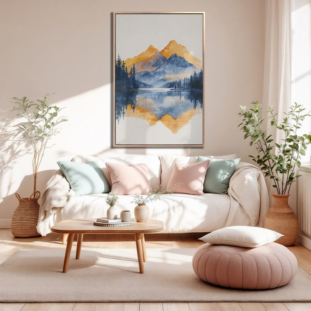 Framed Wall Art: Watercolor mountain landscape in blue and gold hues. Adds a touch of nature and serenity to any space. Perfect for living rooms!