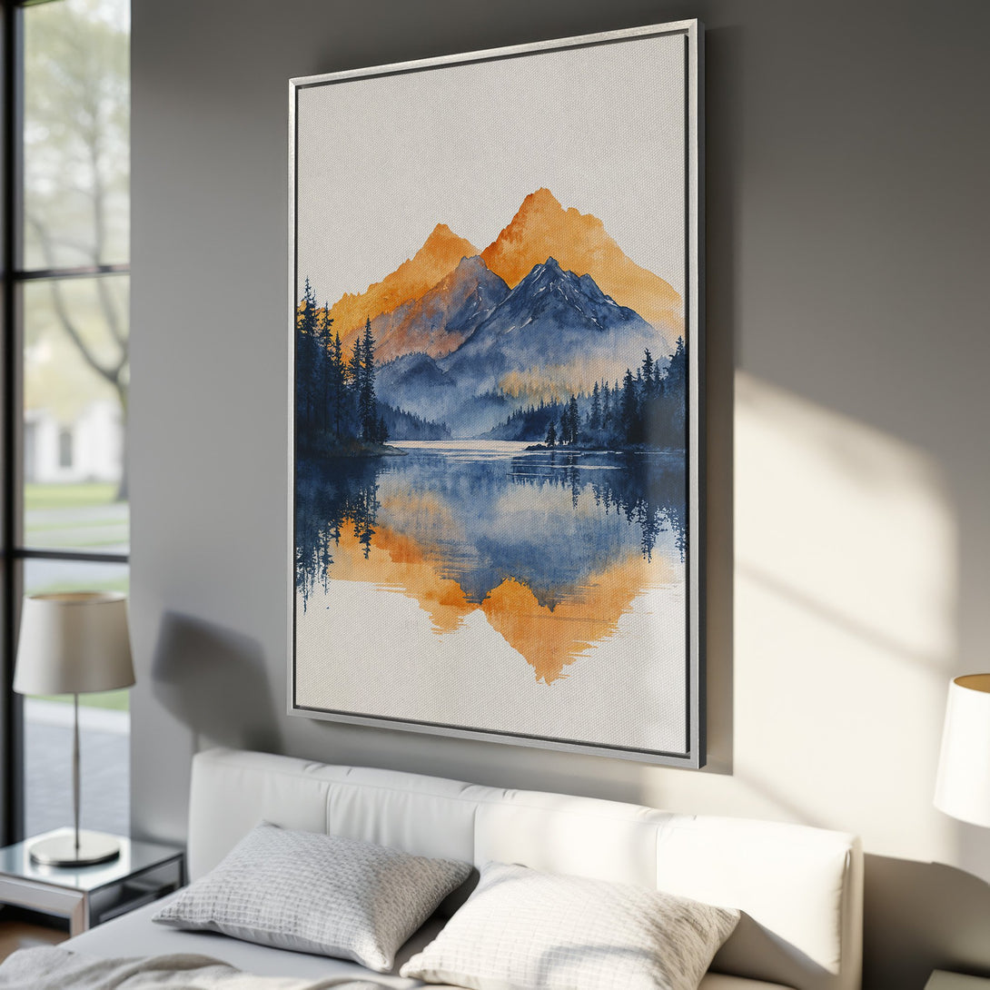 Framed Wall Art: Watercolor mountain landscape Canvas Print. Featuring blue & orange hues, this art piece adds a serene touch to any room. Perfect for home decor.