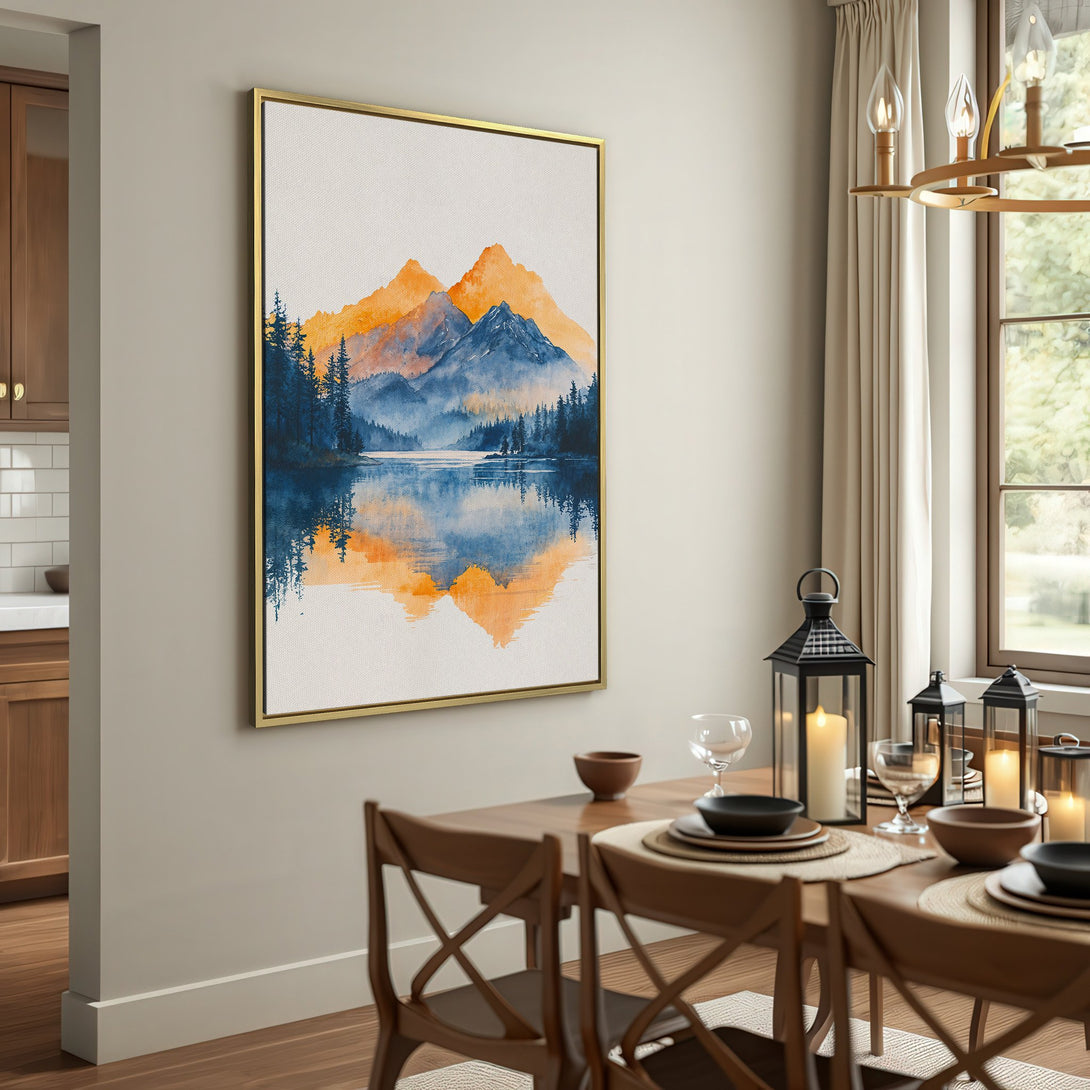 Canvas Print of watercolor mountain landscape in blue and orange hues, perfect for adding a touch of nature to any room.