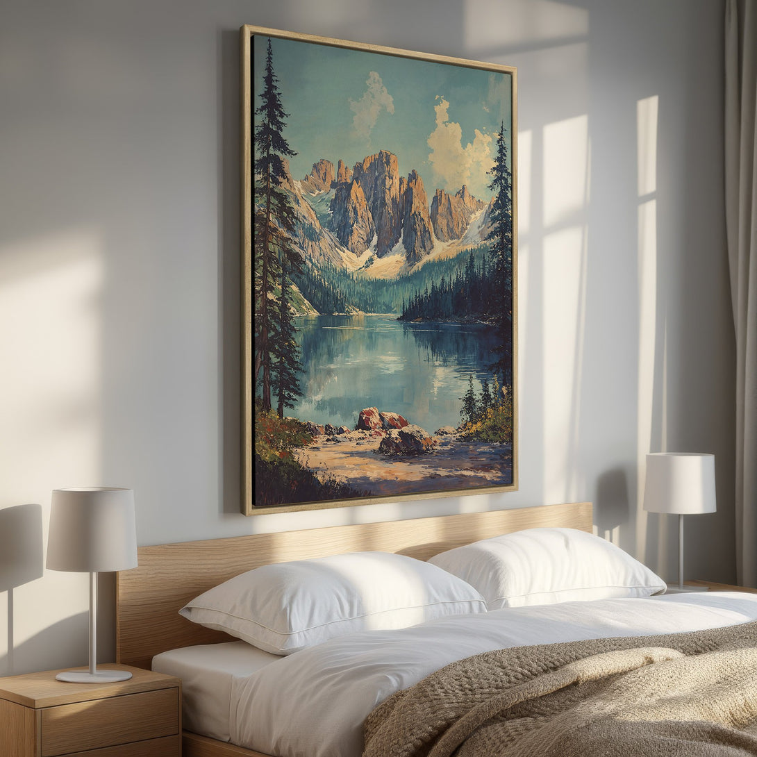 Framed Wall Art: Mountain lake landscape painting in warm tones. Perfect for bedroom decor. Adds a touch of nature and serenity to your space.