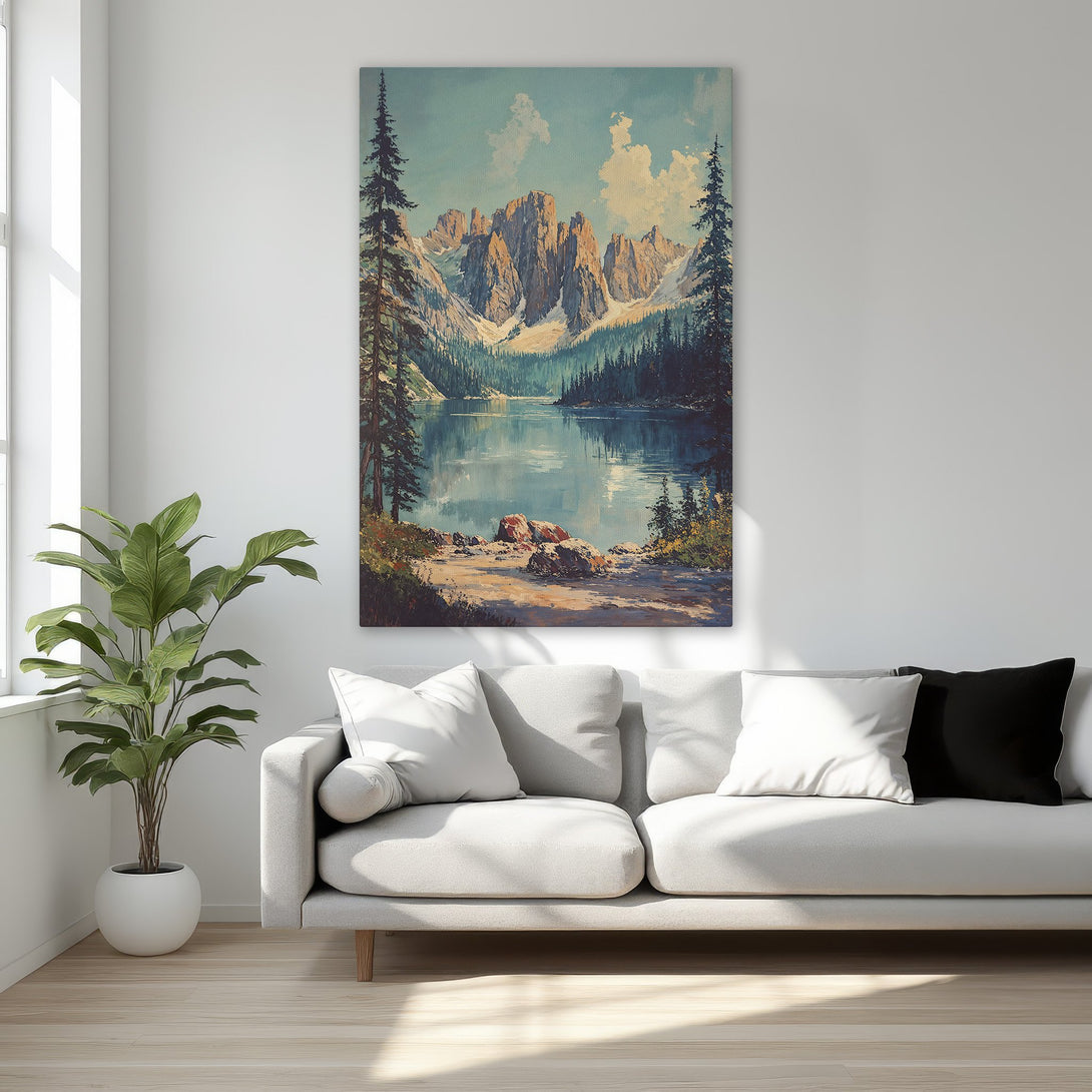 Framed Wall Art: Mountain lake landscape painting in blue, green, and gold tones. Perfect for adding a touch of nature to your home decor.