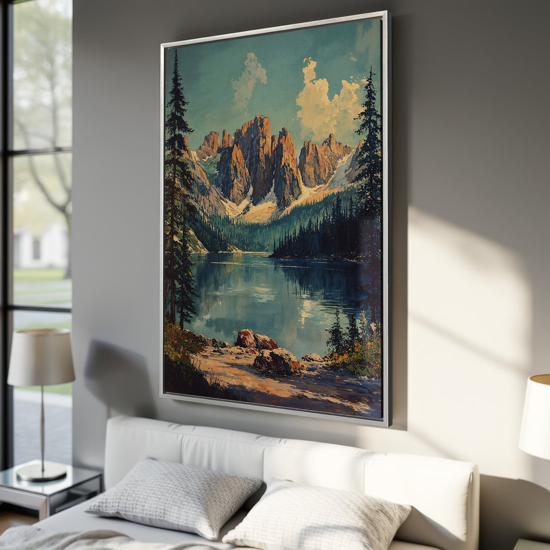 Framed Wall Art: Mountain landscape Canvas Print in cool blues & greens. Perfect for adding a touch of nature and serenity to your bedroom decor.
