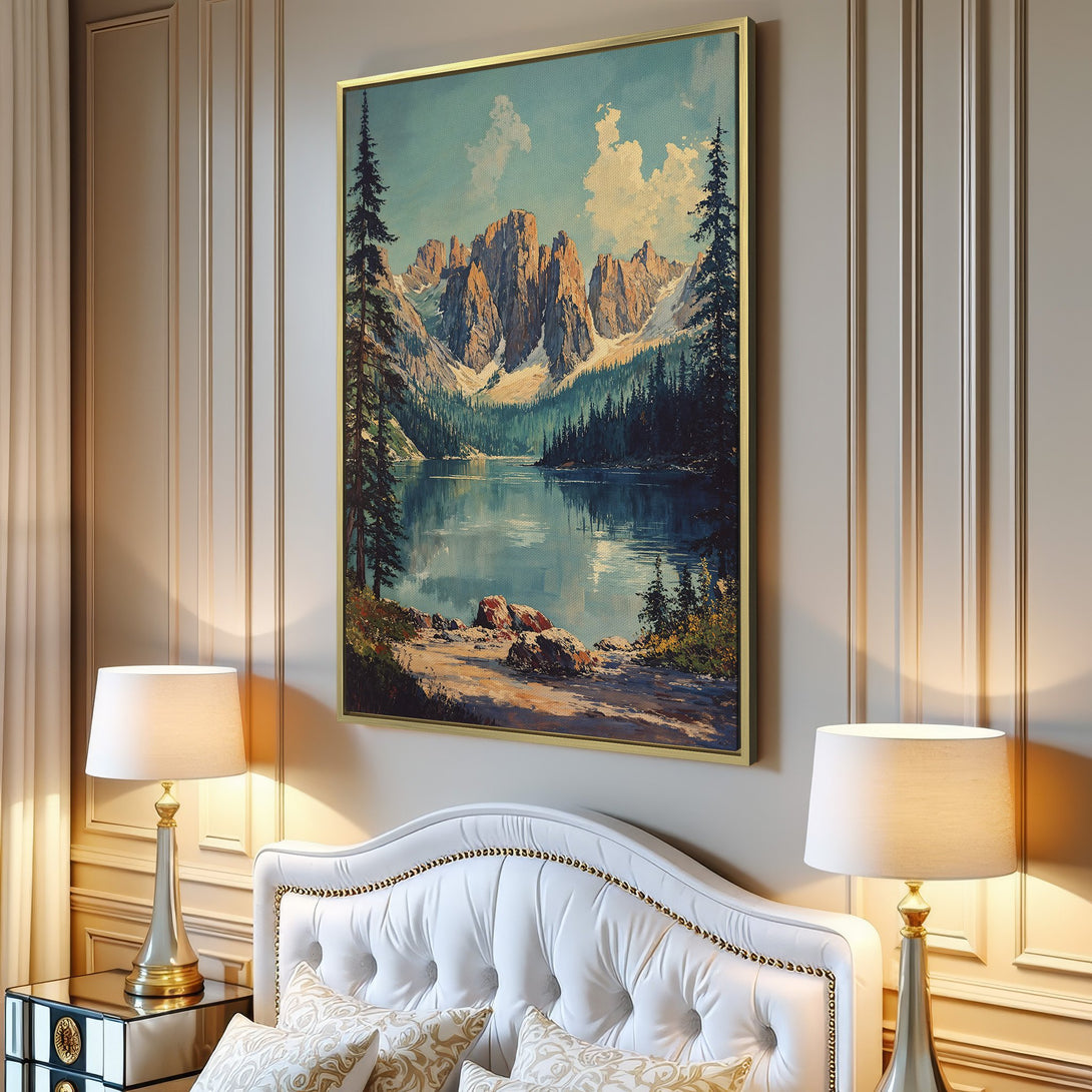 Canvas Print of a mountain lake landscape painting in a living room. Features a vintage style and a calming blue and green color palette.