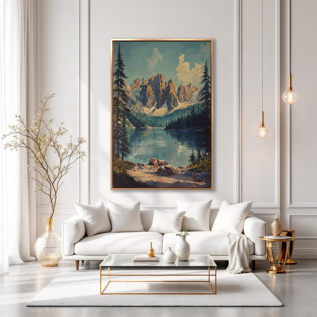 Framed Wall Art: Mountain lake landscape painting in a gold frame. Classic style, serene blue, green, and neutral color palette. Enhance your home decor.