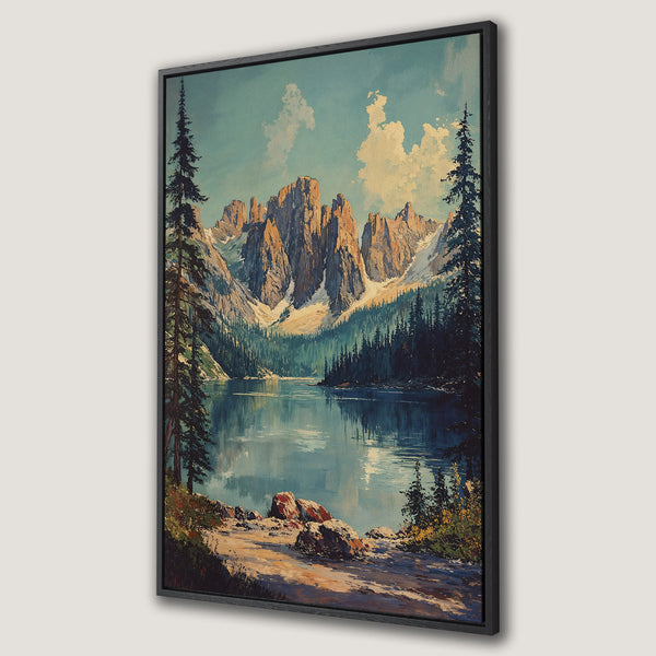 Framed Wall Art: Mountain lake landscape Canvas Print in muted blues, greens, and warm earth tones. Serene nature scene for home decor.