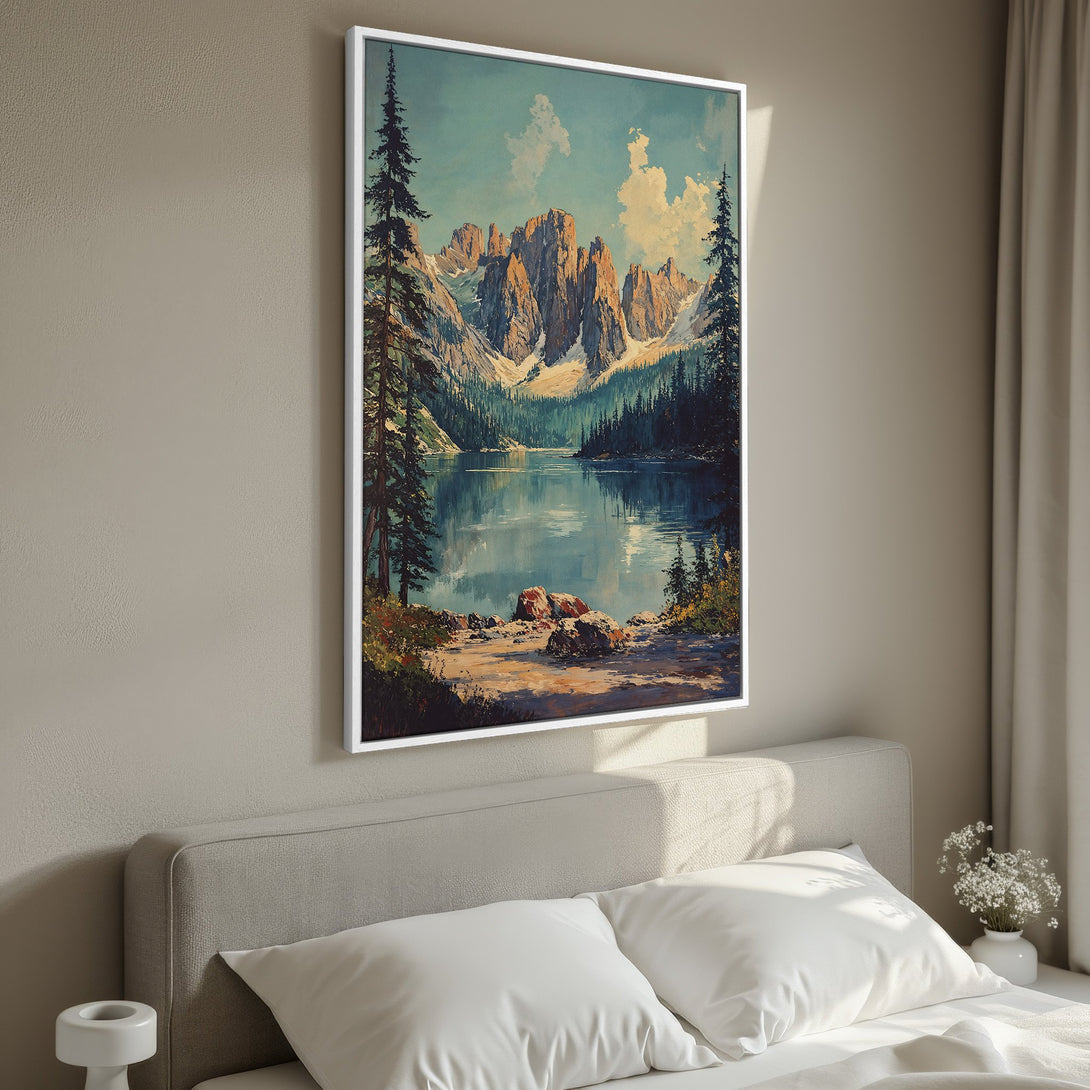 Framed Wall Art: Stunning mountain lake landscape Canvas Print with a serene, vintage style. Beautiful blues, greens, and golds create a calming atmosphere. Perfect for your bedroom!
