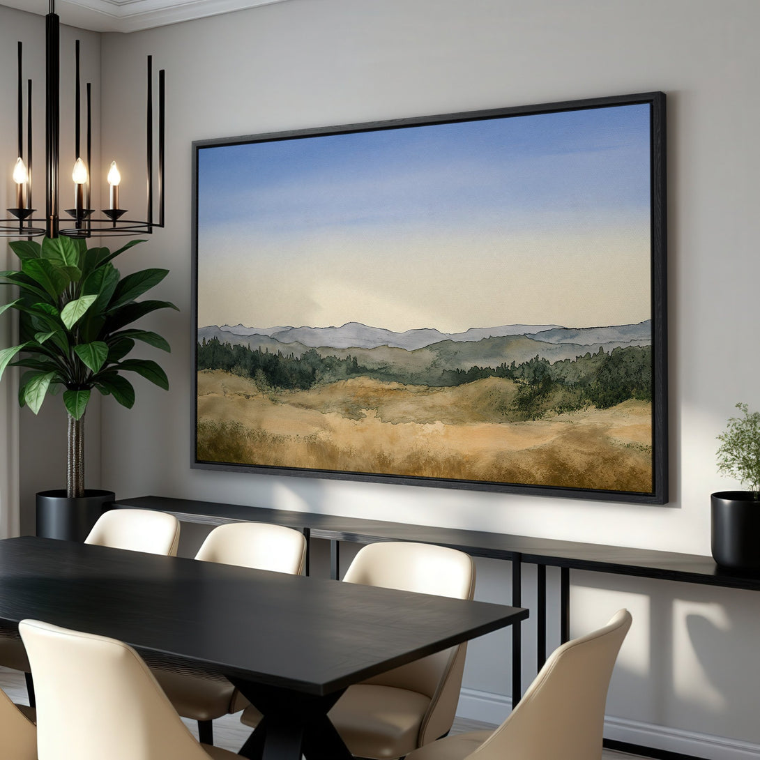 Framed Wall Art: Serene watercolor landscape in muted earth tones. Bring nature indoors with this beautiful Canvas Print, perfect for any room.