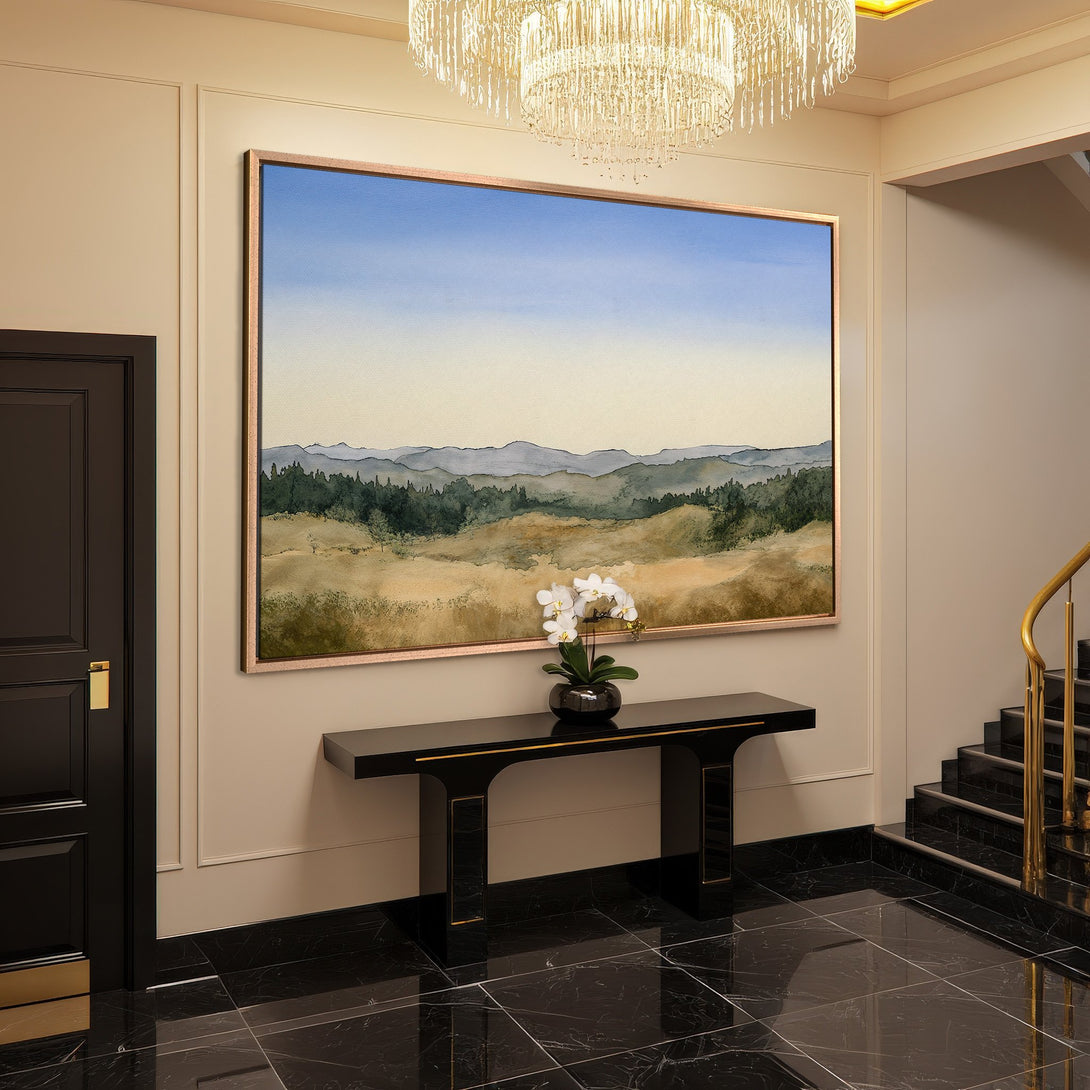 Framed Wall Art: Landscape canvas print with muted blues, greens, and golds. Perfect for adding elegance to any interior space. Shop now!