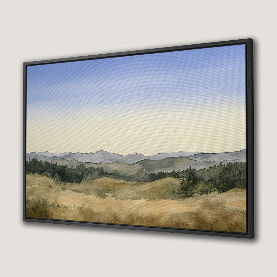 Framed Wall Art: Watercolor landscape canvas print featuring mountains and trees in a muted, earthy color palette. Perfect for adding a touch of nature to your home.