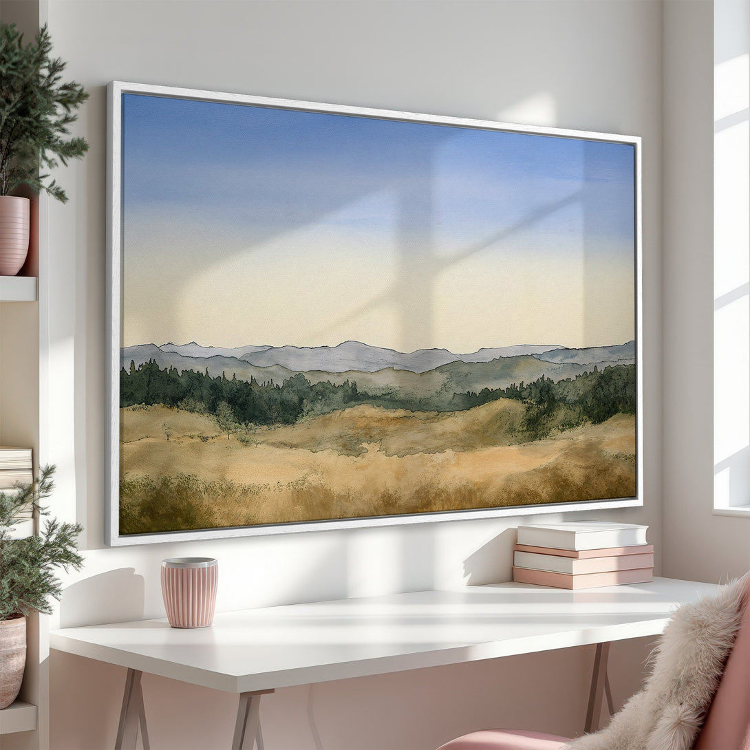 Framed Wall Art featuring a watercolor landscape in muted earth tones. Bring nature indoors with this serene Canvas Print.
