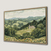 Serene Mountain Landscape with Castle Framed Canvas Print