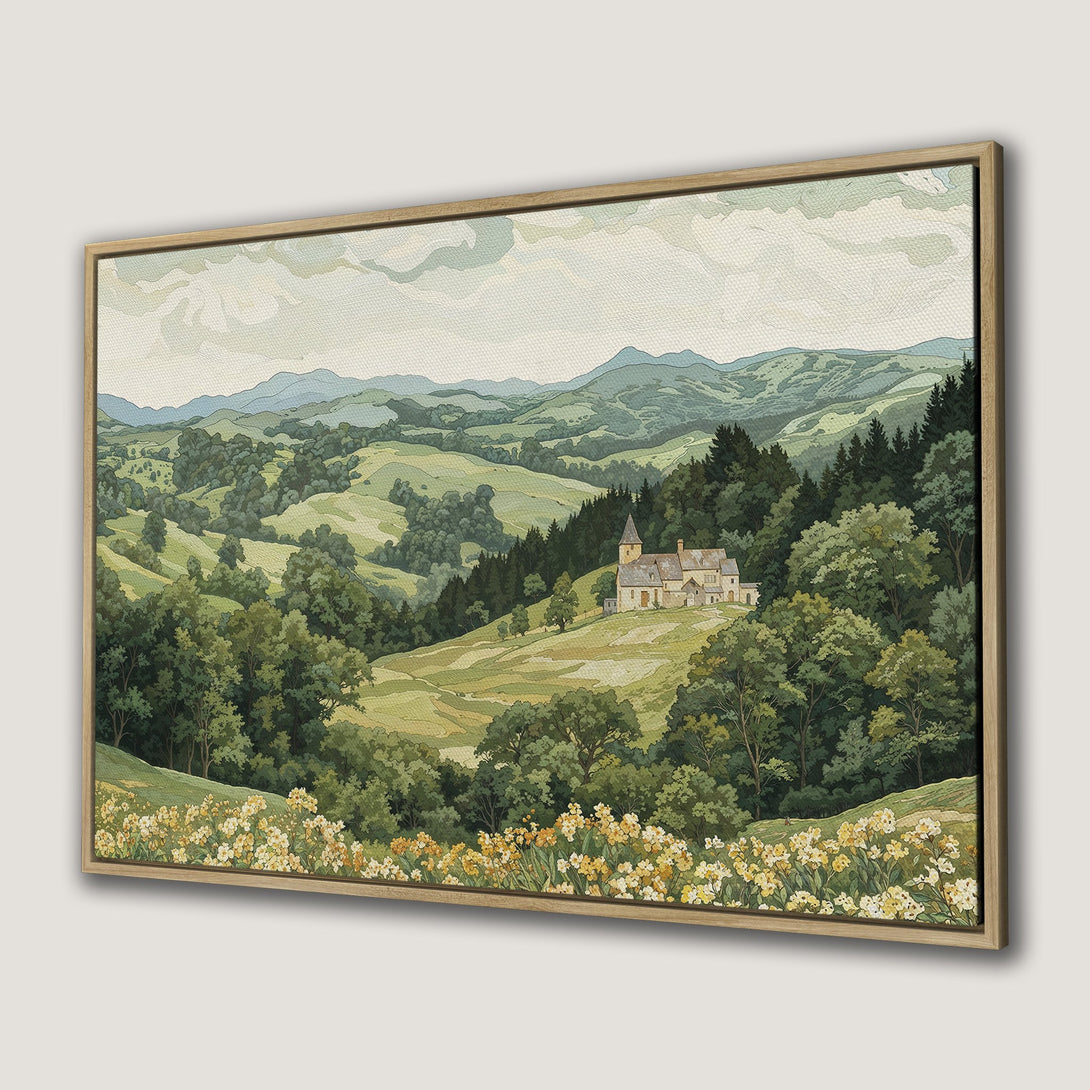 Framed Wall Art: Vintage landscape Canvas Print featuring a serene countryside scene in green and yellow hues, perfect for adding a touch of nature.