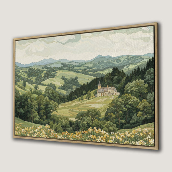 Framed Wall Art: Vintage landscape Canvas Print featuring a serene countryside scene in green and yellow hues, perfect for adding a touch of nature.