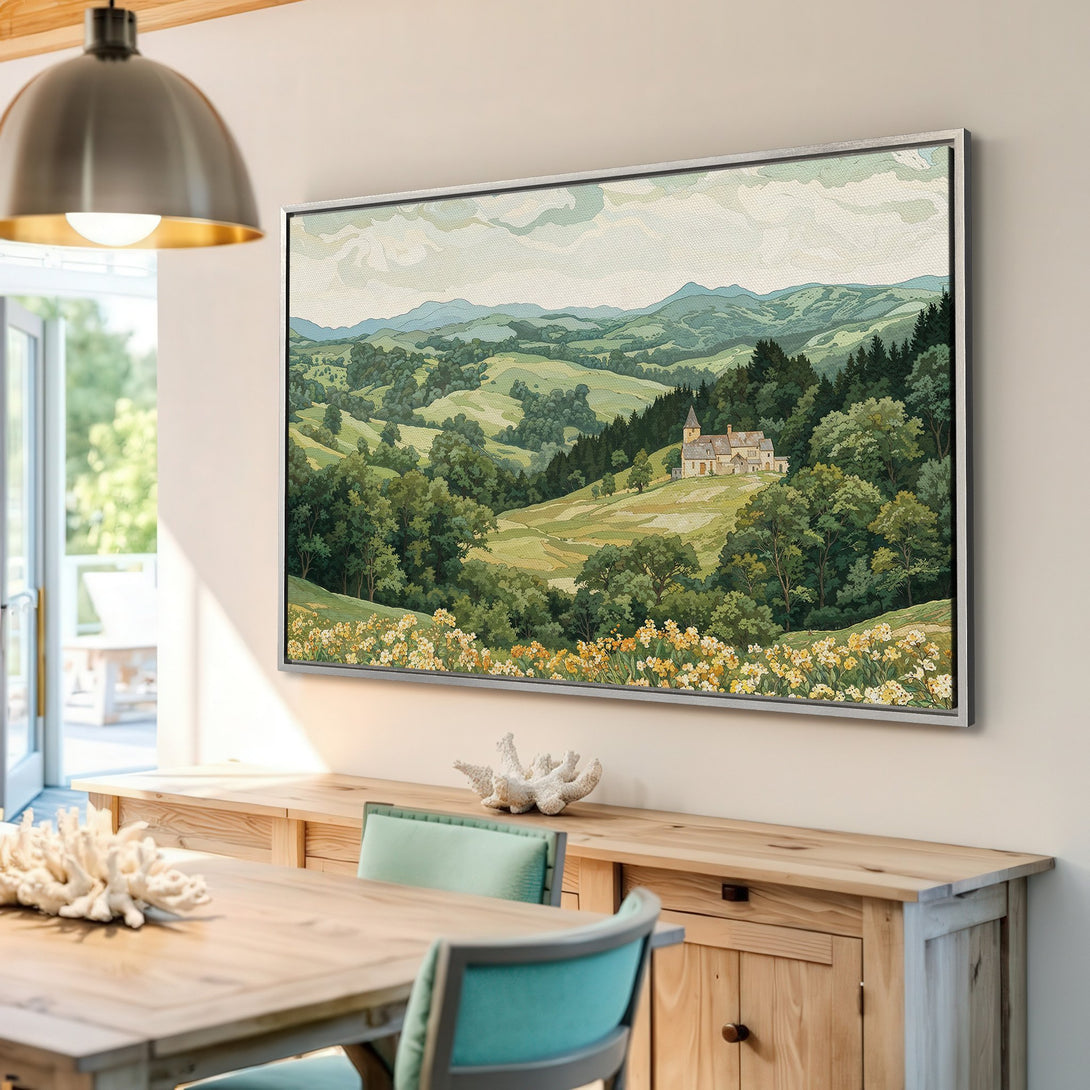 Framed Wall Art: Landscape Canvas Print in green & yellow tones. Rustic, impressionistic style. Perfect for adding a touch of nature to your home decor.