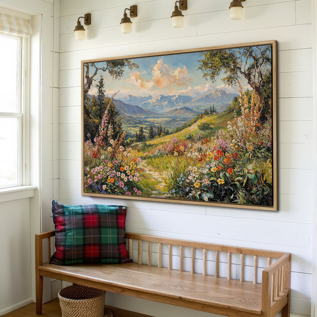 Framed Wall Art: Landscape Canvas Print with vibrant wildflowers, mountains, and a pathway. Warm, inviting colors for a cozy home.