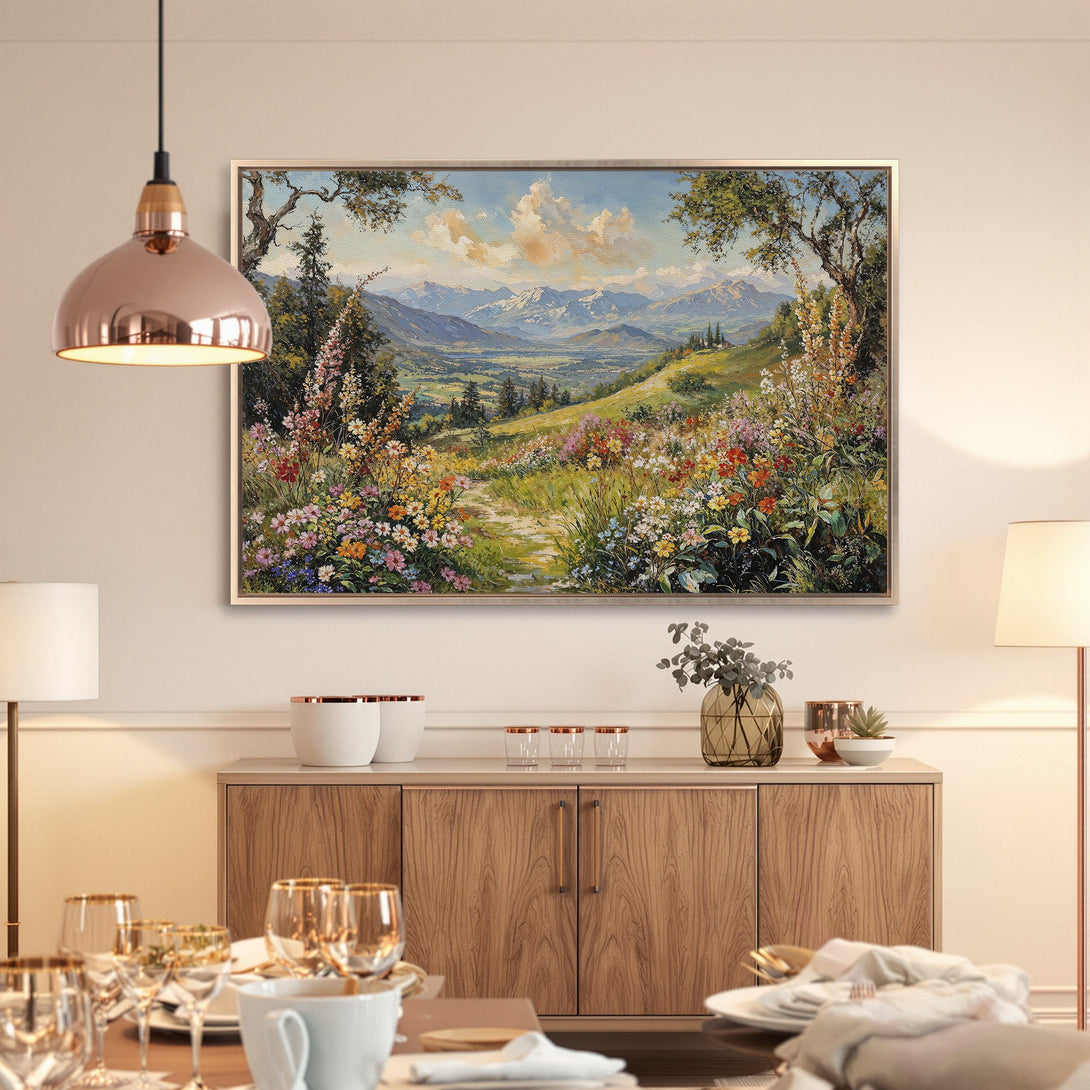 Framed Wall Art: Scenic landscape Canvas Print with vibrant wildflowers, mountains, and a warm, inviting color palette. Perfect for your home!